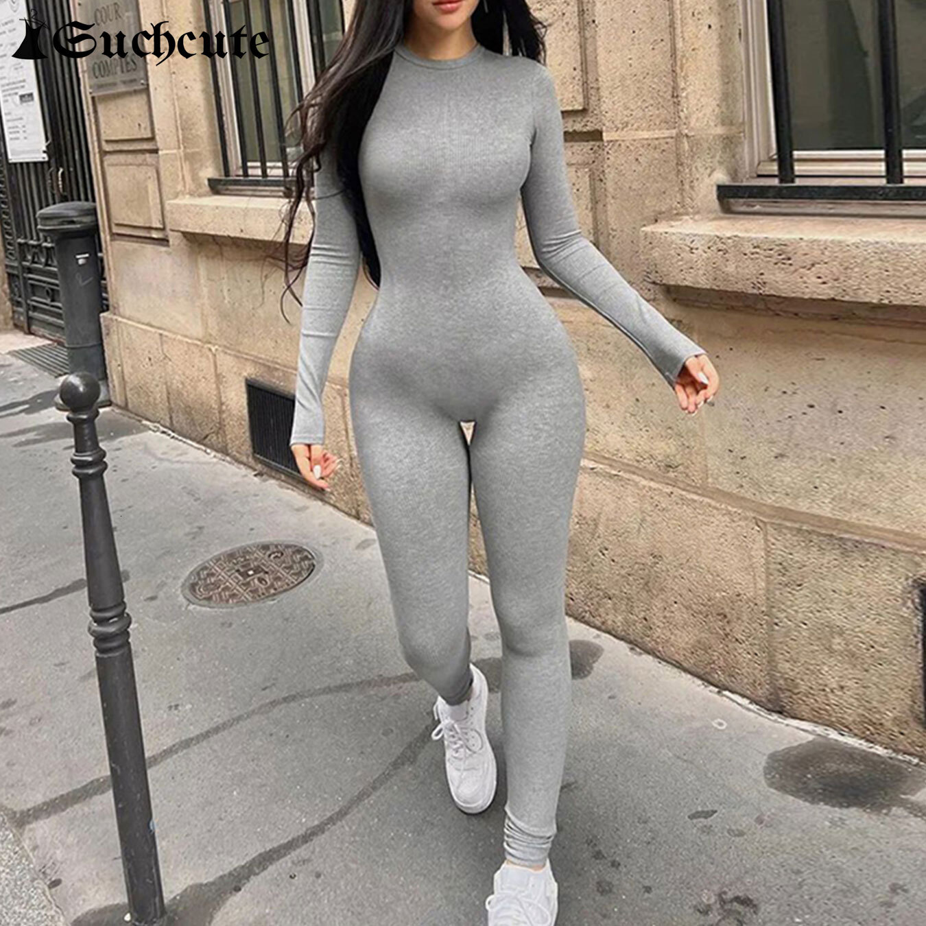 SUCHCUTE Chic Long Sleeve Stretch Skinny O-Neck Jumpsuits Casual Basic Solid Women Romper Korean Overalls Jogging Sporty Outfits