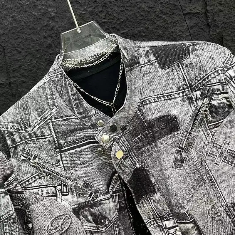 mens casual denim jacket Korean version cotton print lapel short sequin jacket 241209