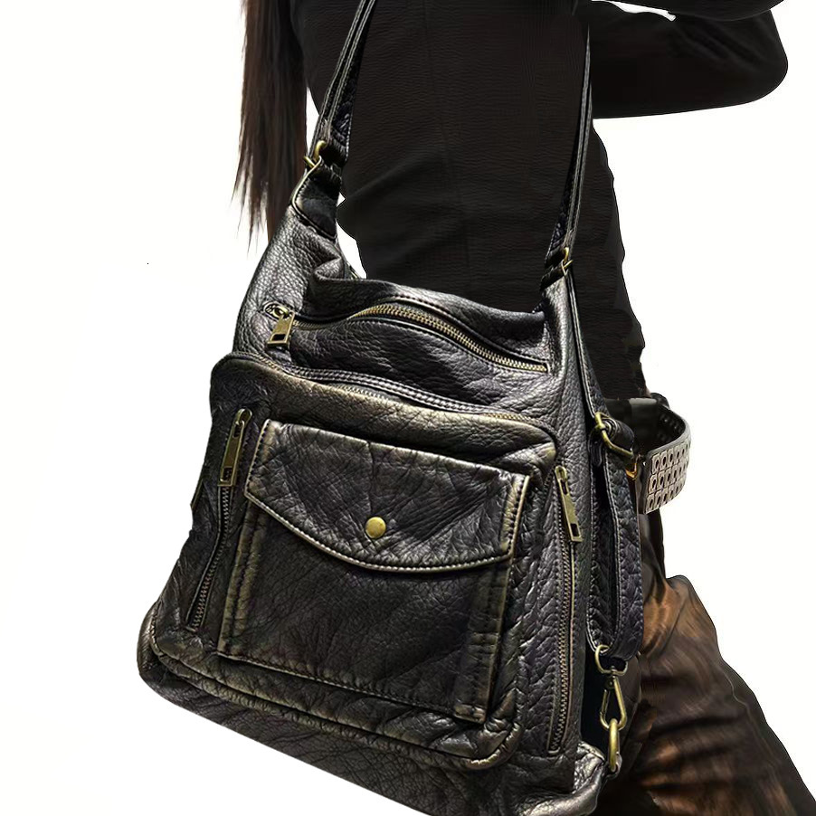 TEMU Women's Fashion Y2k Washed Used Hot Girl Motorcycle Tote Multi Functional Shoulder Bag