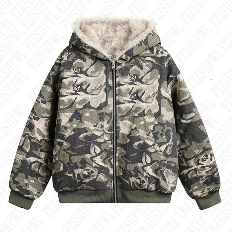 Fashionable mens camouflage cotton padded coat hooded zipper loose thick warm quilted jacket winter Y2K zipper hooded sweater 241214