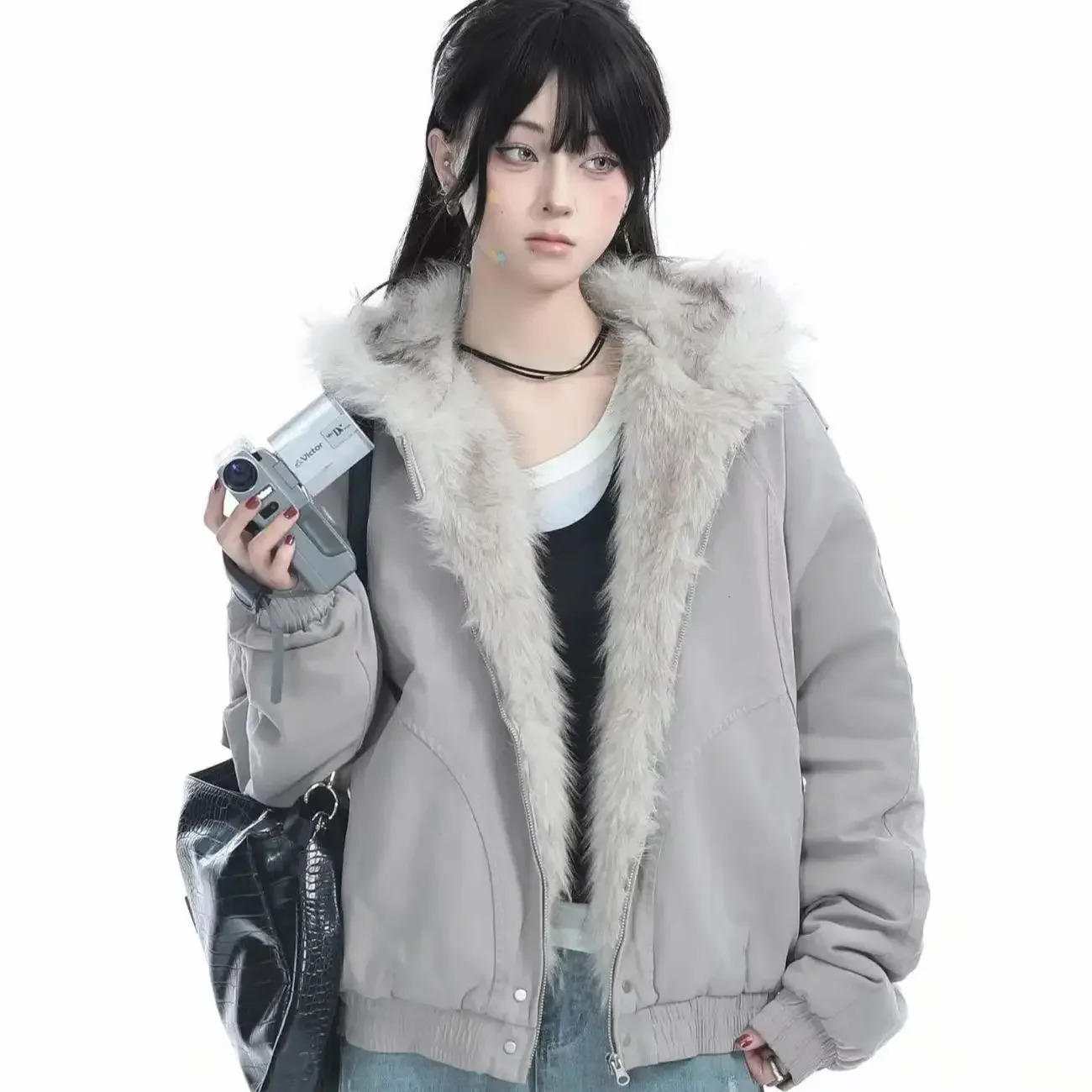 Retro style reversible jacket womens winter high-end spliced black long sleeved top Harajuku Y2K warm fur collar hooded sweatshirt 241210