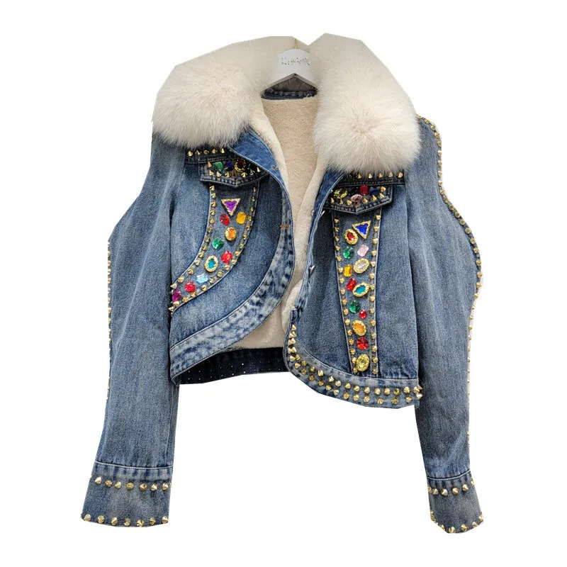 Artificial fur winter denim jacket for women thick cotton lining dress Korean version color crystal short Parka jacket 241210