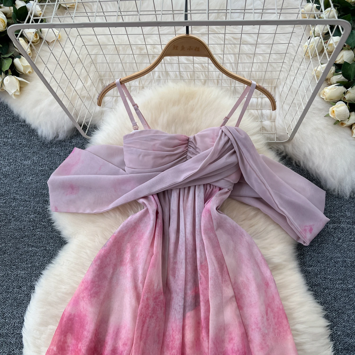 Basic Casual Dresses Holiday Beach Maxi Dress for Women Tie Dye Print Spaghetti Strap Off-shoulder Vestidos De Mujer A-line Chiffon Dresses Dropship 2