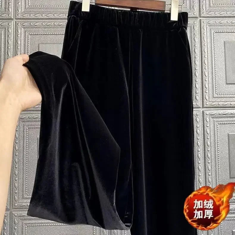 Korean wide leg womens pants high waisted elastic Trousers 2023 bottom retro straight velvet black Pantalon 241212