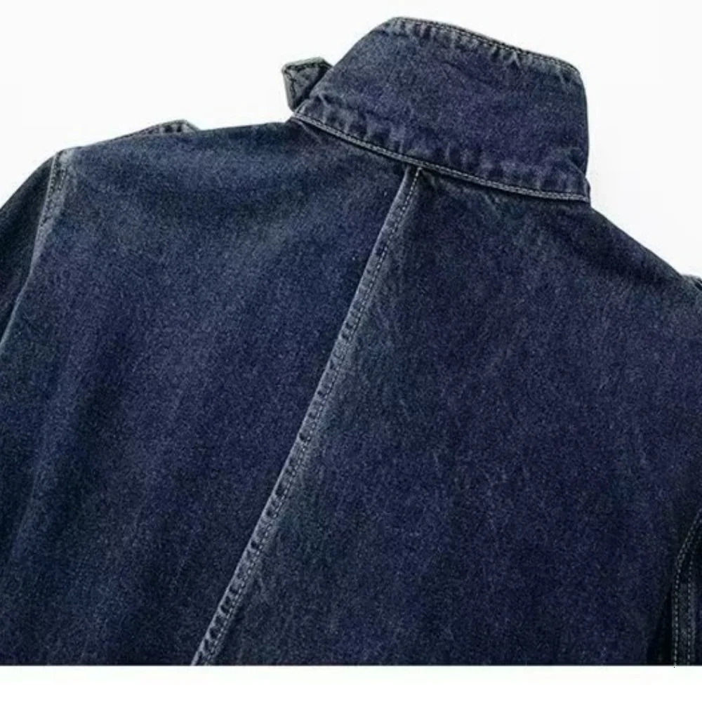 Womens fashionable n denim long windproof jacket stand up collar belt casual for autumn and winter 241211