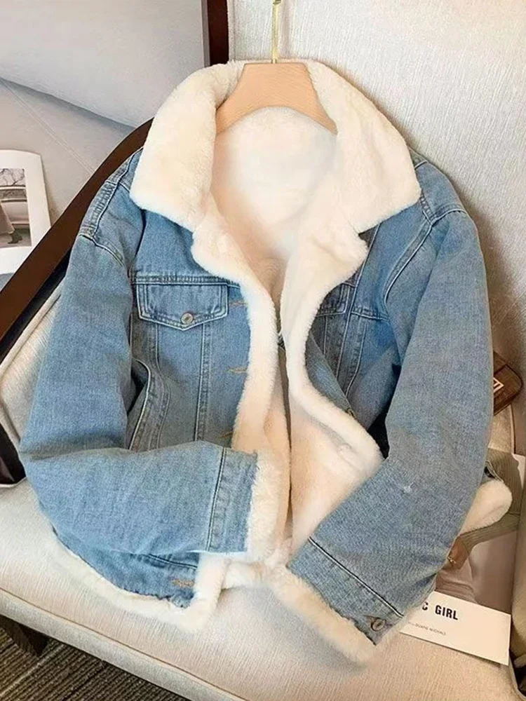 Winter wool thick denim jacket womens loose casual warm fur collar long sleeved clothing 241211