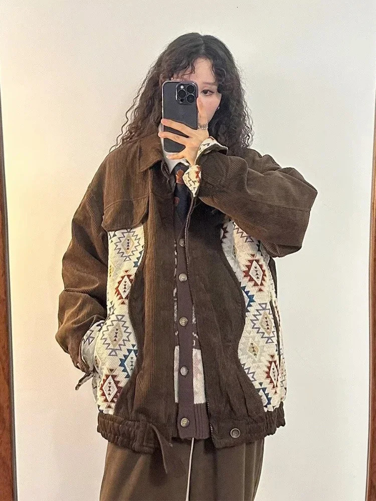 Women Jackets Geometric Contrast Color Leisure Fashion Versatile Retro Japanese Style Chic Streetwear Blocking Coats Warm Daily 241214