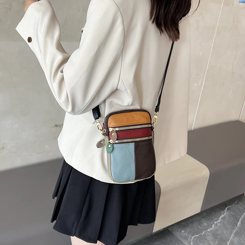 100% genuine leather womens shoulder bag with multiple zippers soft denim small phone bag color splicing color random 241213