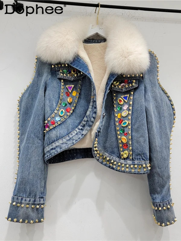 Artificial fur winter denim jacket for women thick cotton lining dress Korean version color crystal short Parka jacket 241210