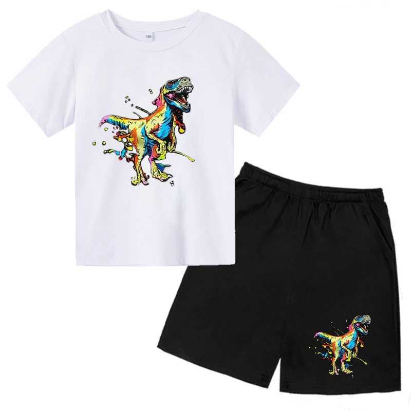 Clothing Sets 2024 New Graffiti Art Series Colorful Dinosaur Pattern Design Printed Boys Girls T-shirts+pants 2PCS Suits Chilren Clothes Sets H241214