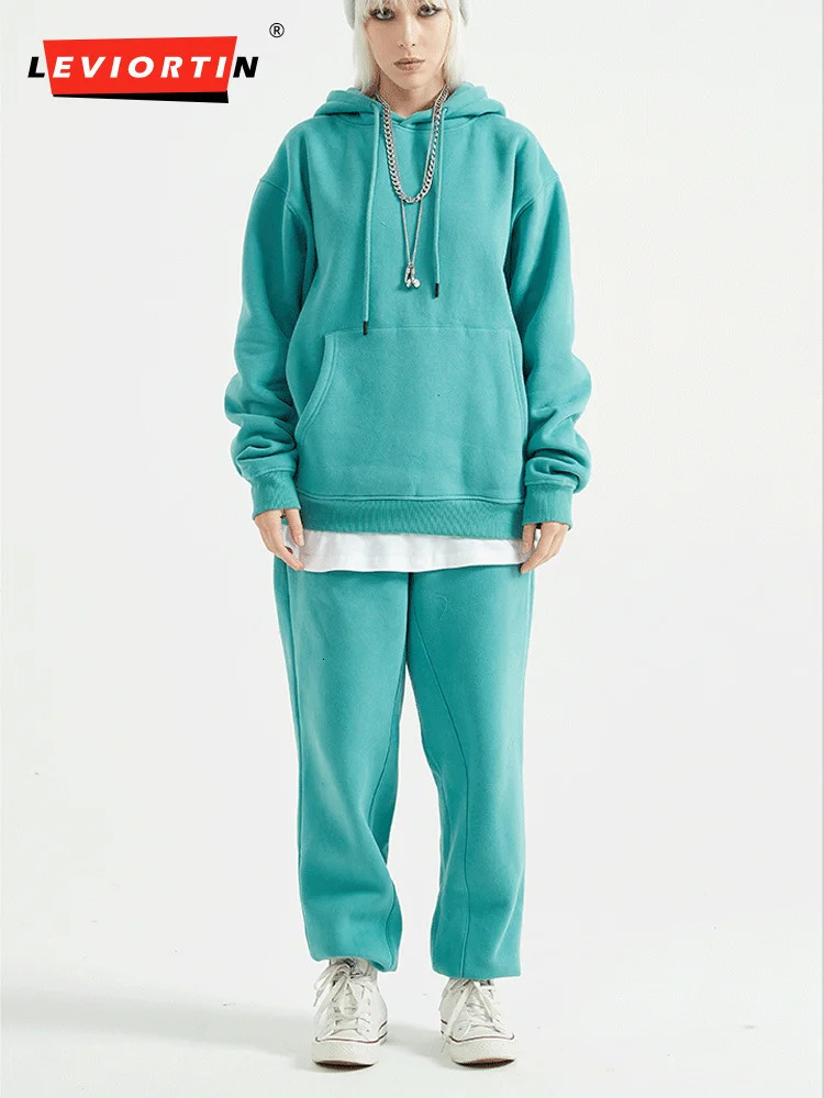 Autumn Winter Two Piece Set Men and Women Casual Fleece Warm Solid Oversized Hooded Tracksuit Long Sleeve Sport Hoodie Suit 241211
