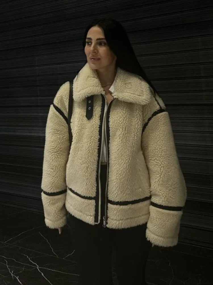 Fashion comparison splicing zipper lapel cashmere jacket womens fashion casual thick warm long sleeved jacket womens fashion jacket 241214
