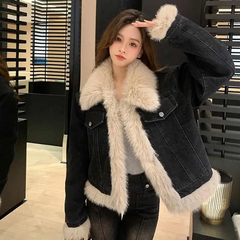 Y2k Aesthetics Black Denim Jacket Grunge Fairycore Jeans Fur Jacket 2000s Harajuku Winter Coat Patch Work Retro Korean Coat 241210