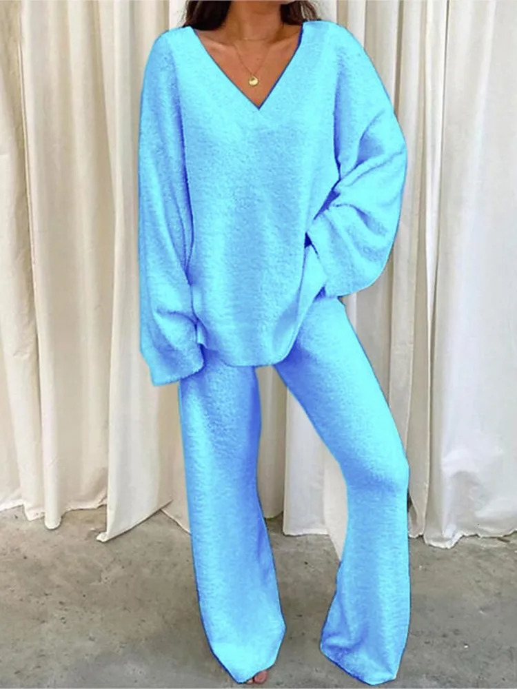 Winter Womens Comfortable Solid Color Sexy Vneck Casual Daily Home Warm Long Sleeved With Pocket Pants Twopiece Set 241203