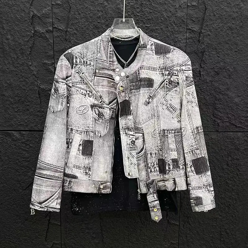 mens casual denim jacket Korean version cotton print lapel short sequin jacket 241209