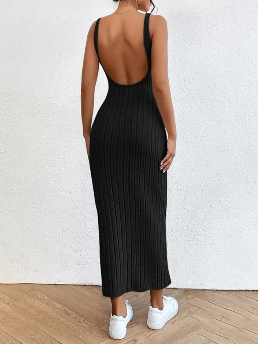 FOMOYUU Ribbed Knitted Long Body Strap Dress Sleeveless High Neck Party Side Seam Womens Wear 241212
