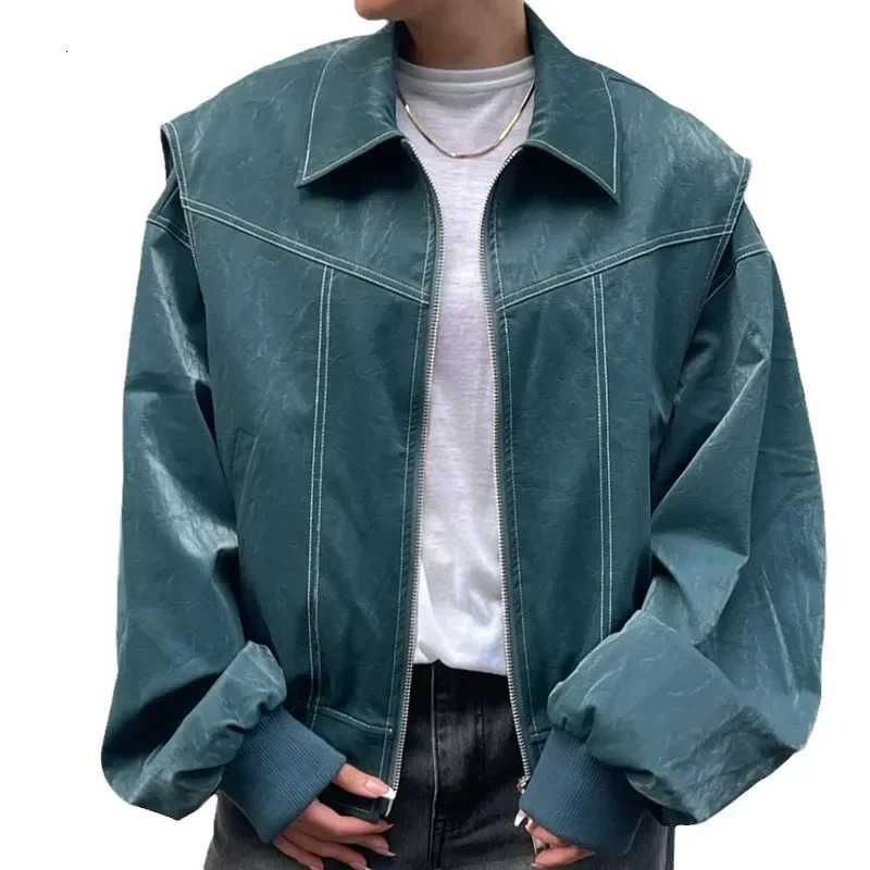 Retro contrasting patchwork lapel long sleeved jacket for women loose solid zipper Pu leather jacket 241214