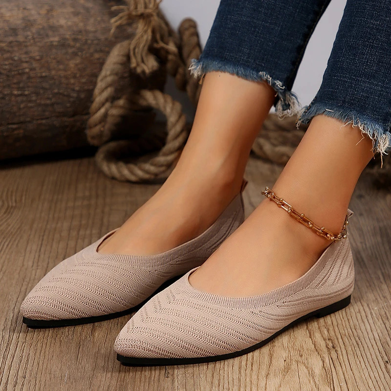 Pointed Toe Flat Shoes Womens Solid Color Knitted Slippers Casual Breathable Ballet Flat Shoes Womens Comfortable Womens Shoes 241213
