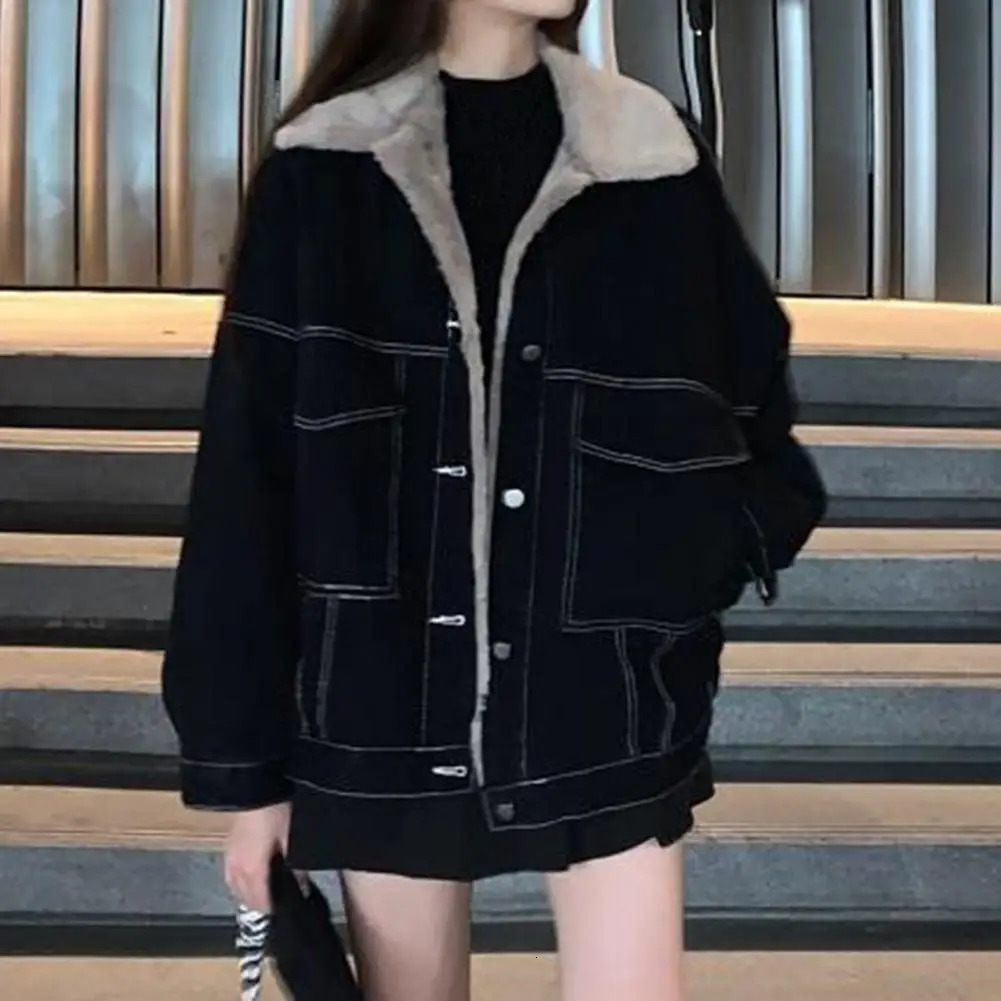 Legging jacket warm plush lined denim with pockets comfortable lapel fashionable single breasted for outdoor wear 241211