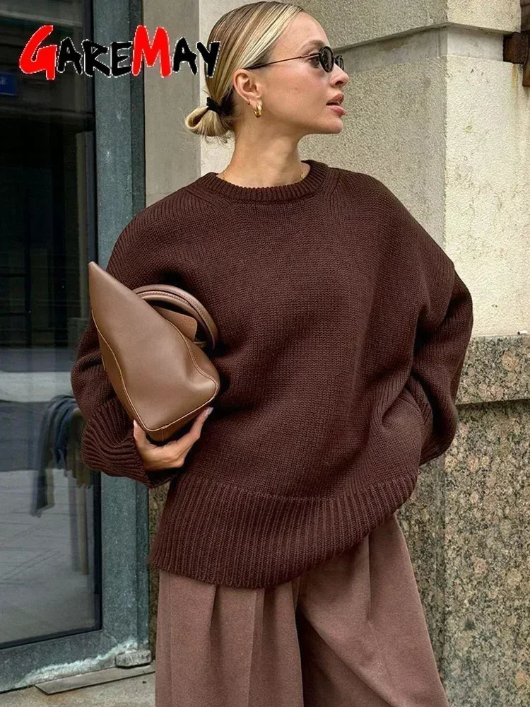 Winter womens oversized sweater Burgundy Oneck retro floral skydiving basic gray warm knit 241211
