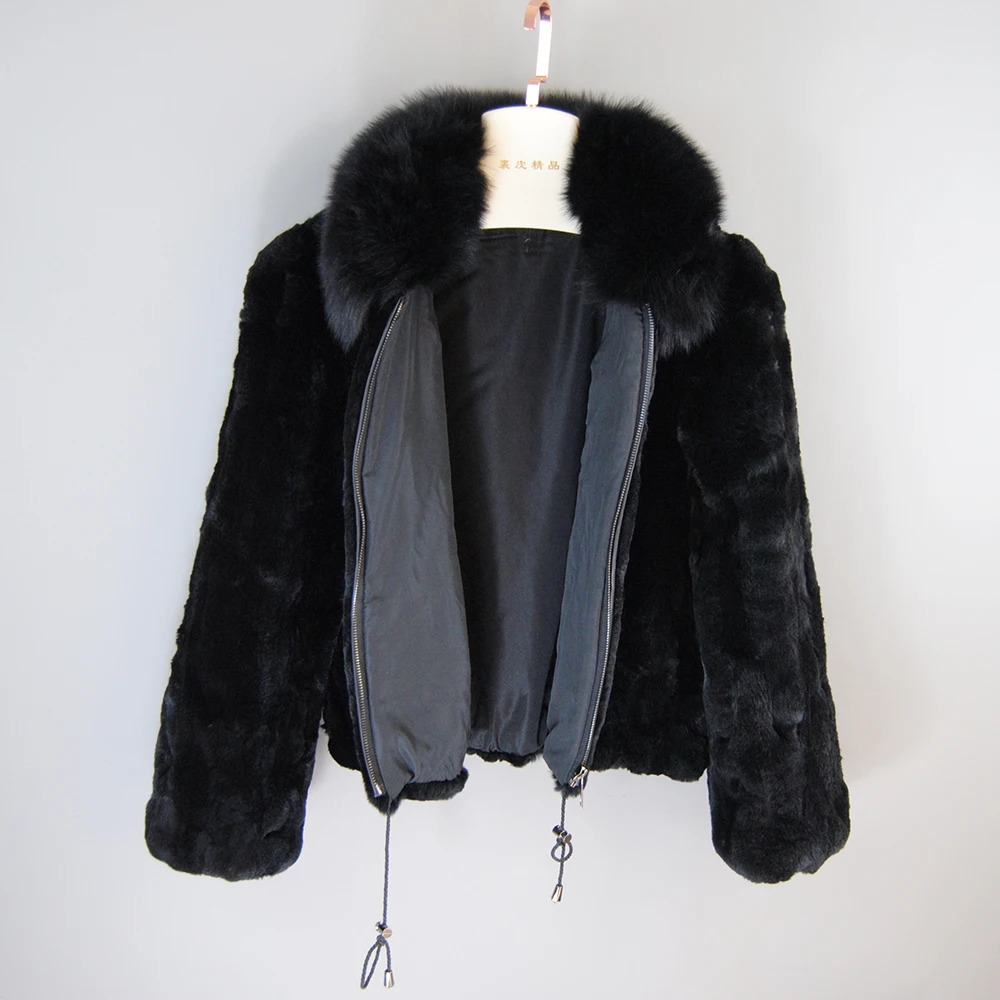 Fashion Lady 100% Natural Rex Rabbit Fur Coat Women Winter Thick Warm Real Jacket With Quality Fox Collar 241211