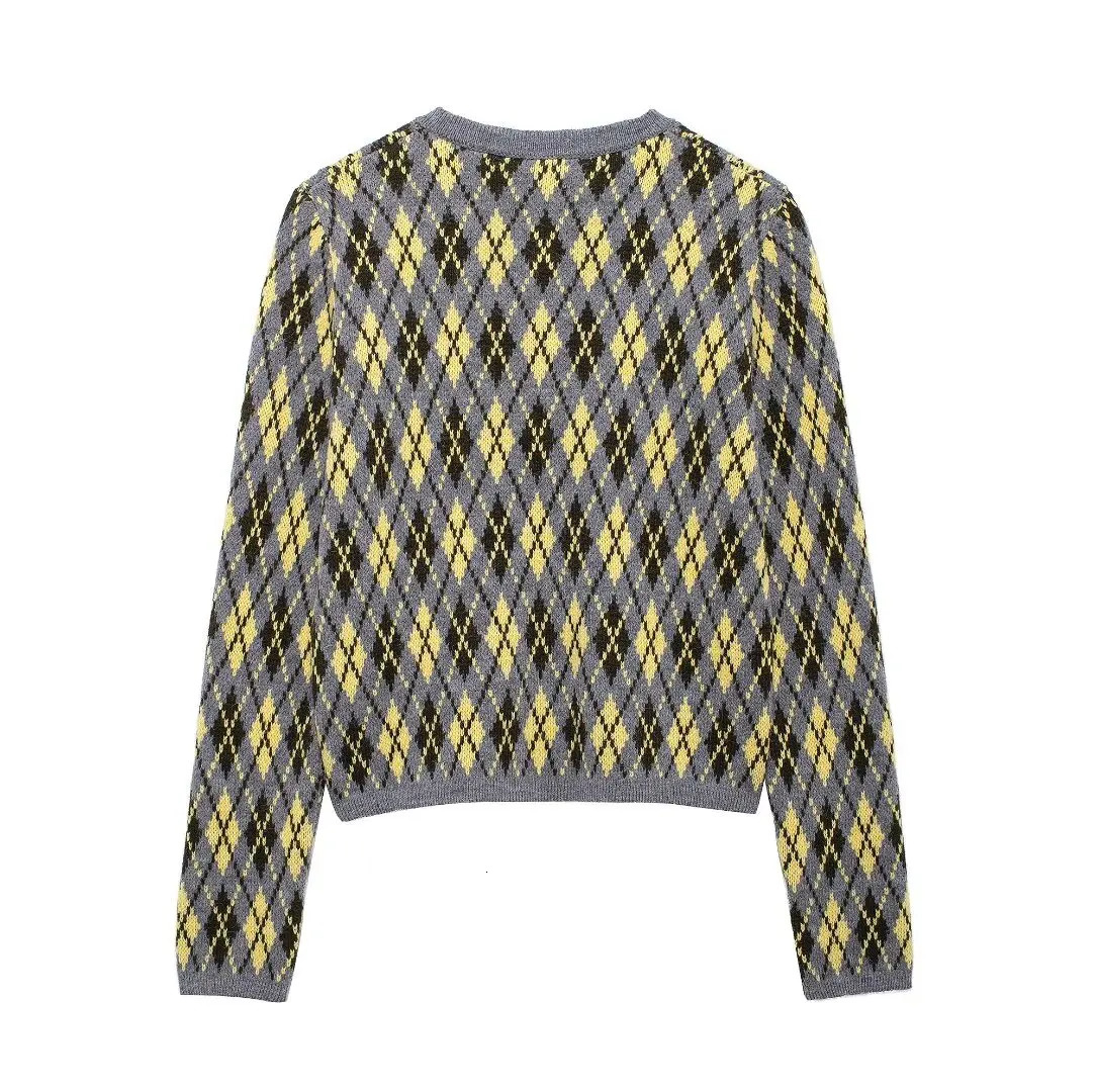 Womens Argyle Knitted Cardigans Short Sweater Autumn Fashion Casual Women Long Sleeve Knitwear Coat Outerwears 241214