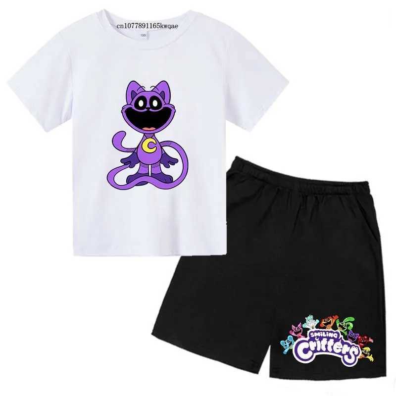 Clothing Sets Smiling Critter Kids Summer Casual Cartoon Print O-neck Tees+Shorts 2pcs Sports Suits 2-13Years Boys Girls Outfits Children Sets H241214