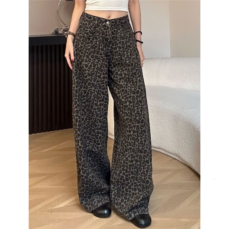 Leopard Print Womens Jeans High Waist Vintage Design Straight Baggy Pants Street Y2K American Style Wide Leg Denim Trouser