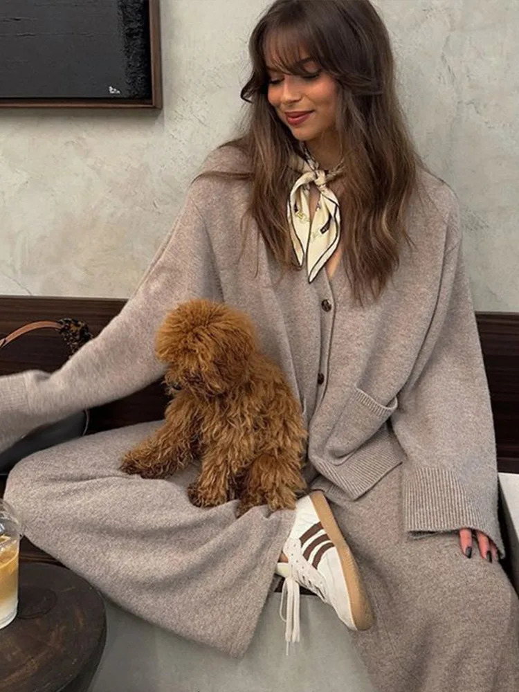 Elegant Knitted Cardigans Pant Sets Women Vneck Single Breasted Pocket Sweater Straight Long Trousers Suit 2 Pieces Lady Outfit 241209