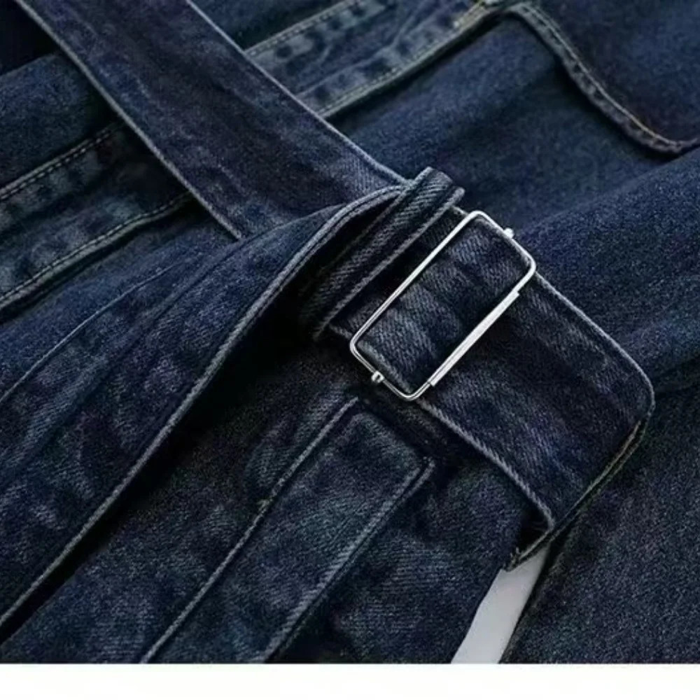 Womens fashionable n denim long windproof jacket stand up collar belt casual for autumn and winter 241211