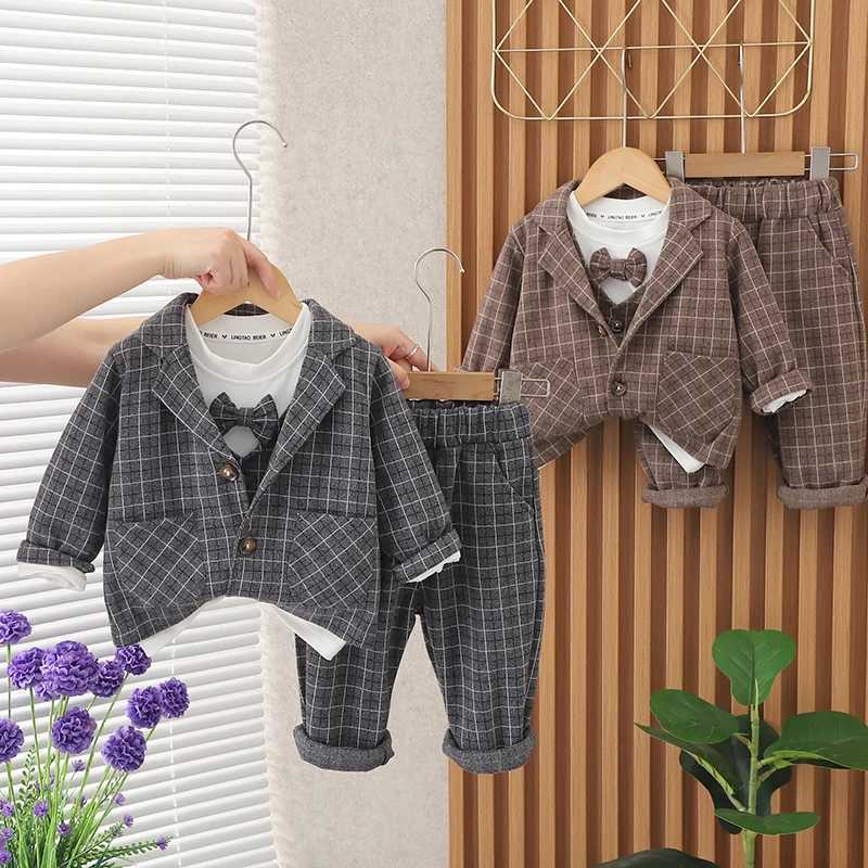 Clothing Sets Children Clothing Spring Autumn Baby Boys Wear Infant Lapel Plaid T-Shirt Pants 3pcs/sets Toddler Casual Suit 0-5 Years H241214
