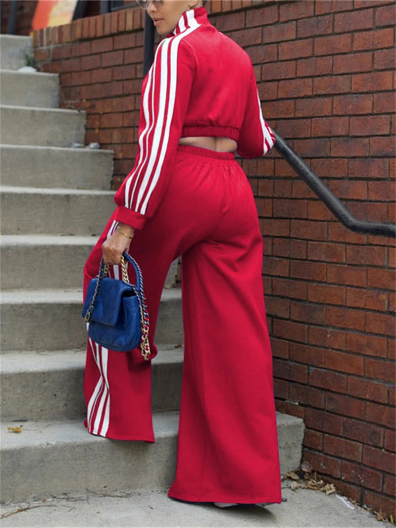 2 Piece Sets Women Outfit Fall Clothes Side Striped Zip Top Wide Leg Pant Casual Tracksuits Set Sweat Suit 241209