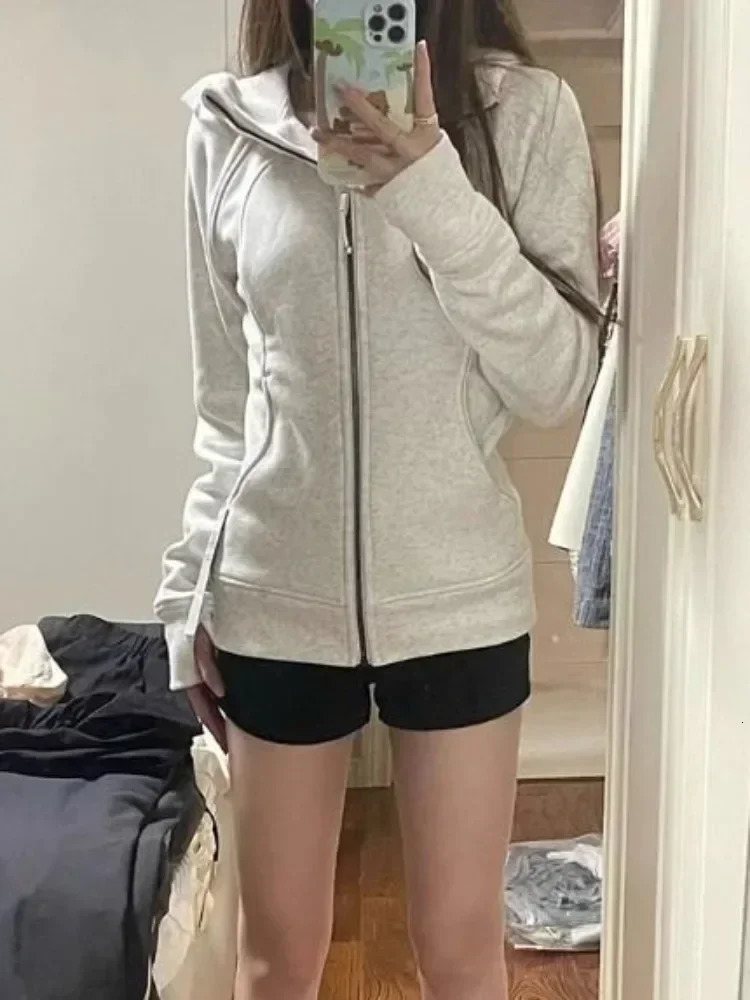 Deeptown American Vintage Cropped Hoodies Women Korean Style Streetwear Grey Zip Up Hooded Sweatshirt Casual Y2k Slim Hood Shirt 241214