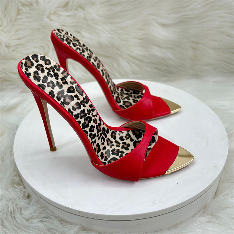 High Heeled For Socialites, 12Cm In Length, Pointed Thin Heels A Red Herringbone Pattern. Cool Slippers With Exposed Toes And High-Heeled Sandals