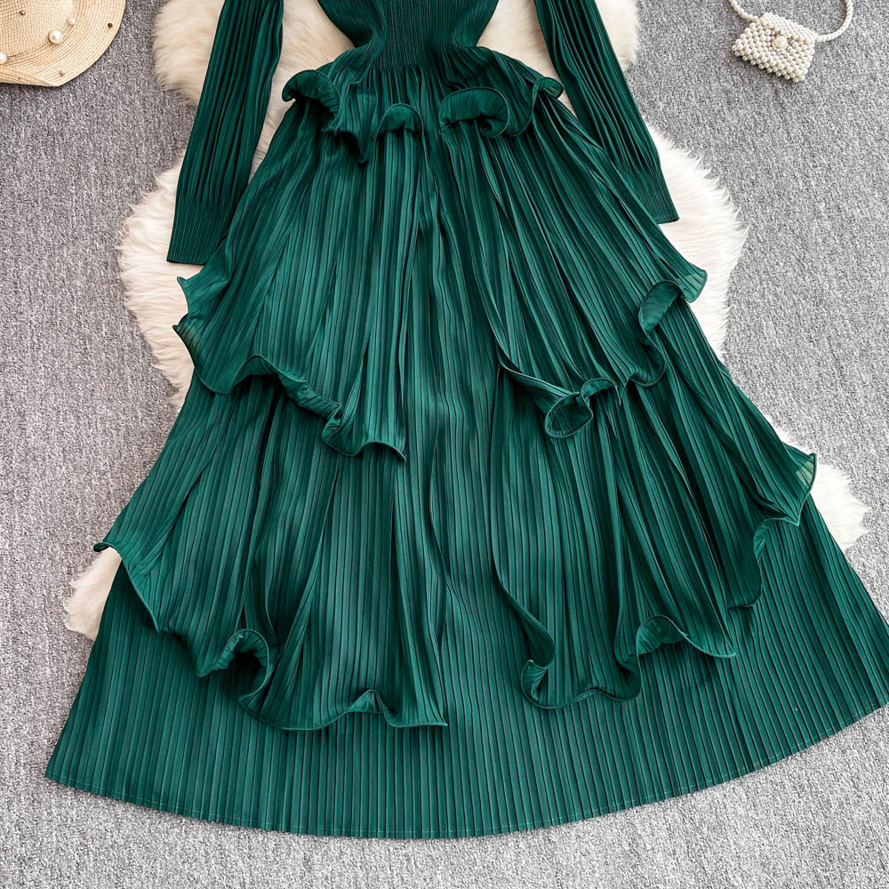Casual Dresses Elegant Oversized Long Sleeve Pleated Draped Women O-Neck Ruffles High Sretch Party Robe Vestidos Ladies Spring Summer Clothing 2025