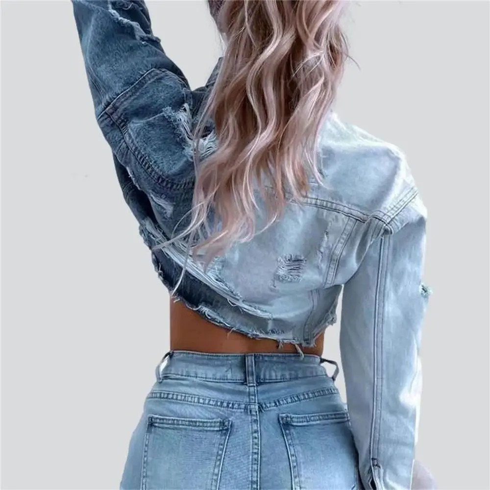 Womens denim crop jacket fashionable retro hole long sleeved pocket womens casual shorts 241211