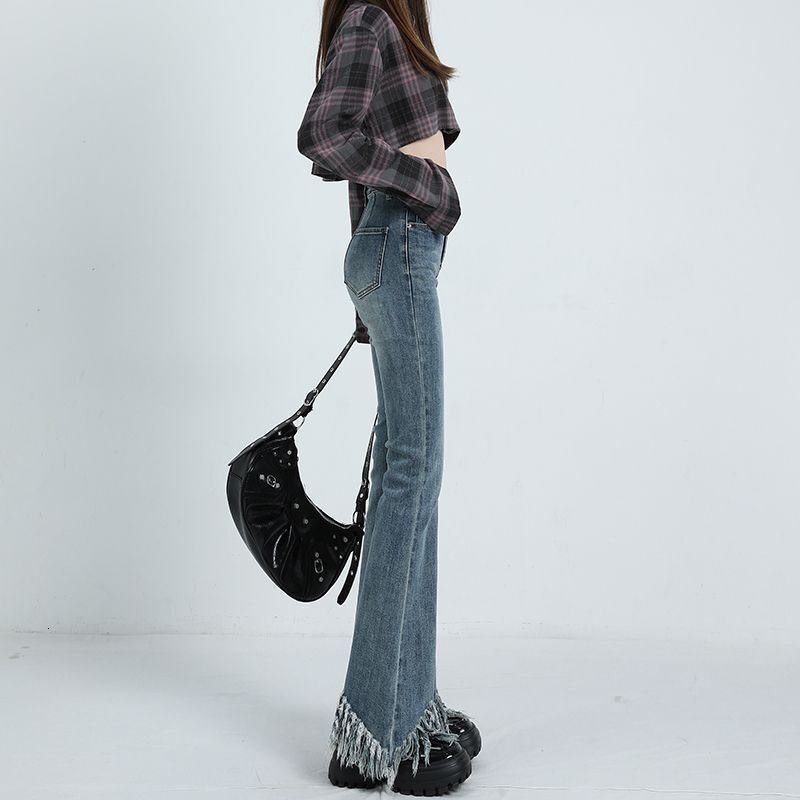 Retro Blue High Waisted Fringed Micro Flared Jeans for Women's New Style with a S Edge Design That Makes Them Look Slimmer