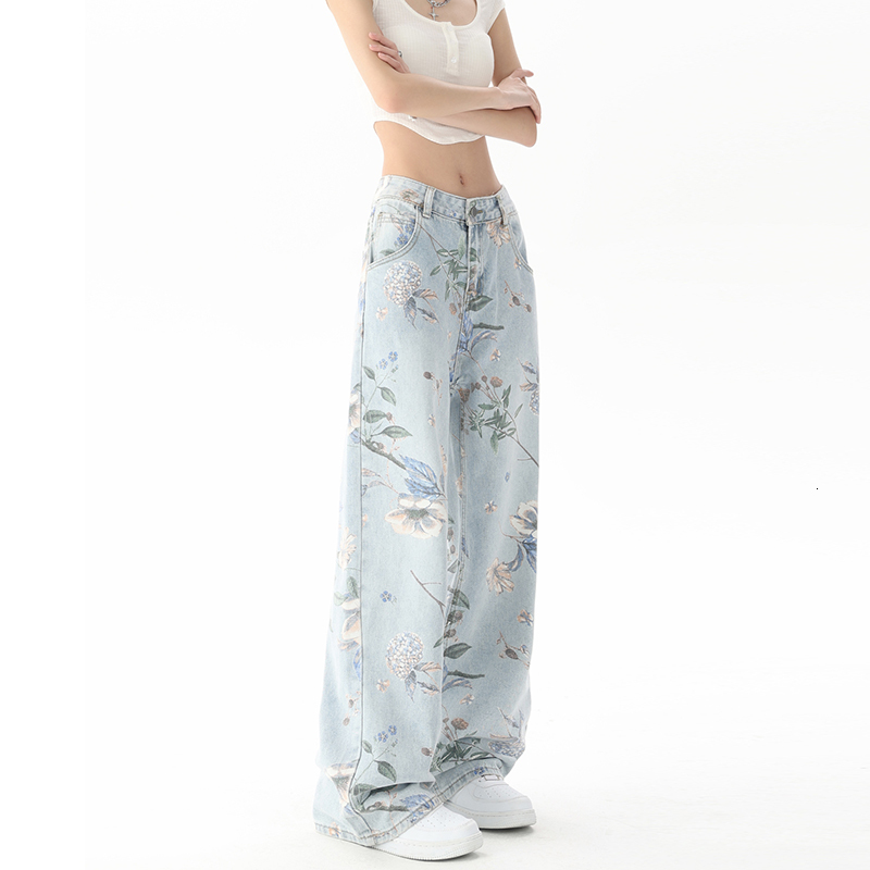 Vintage ral Print Waist High Street Blue Straight Jeans Pants Korean Fashion Women's Wide Leg Baggy Denim Trouser Y2K