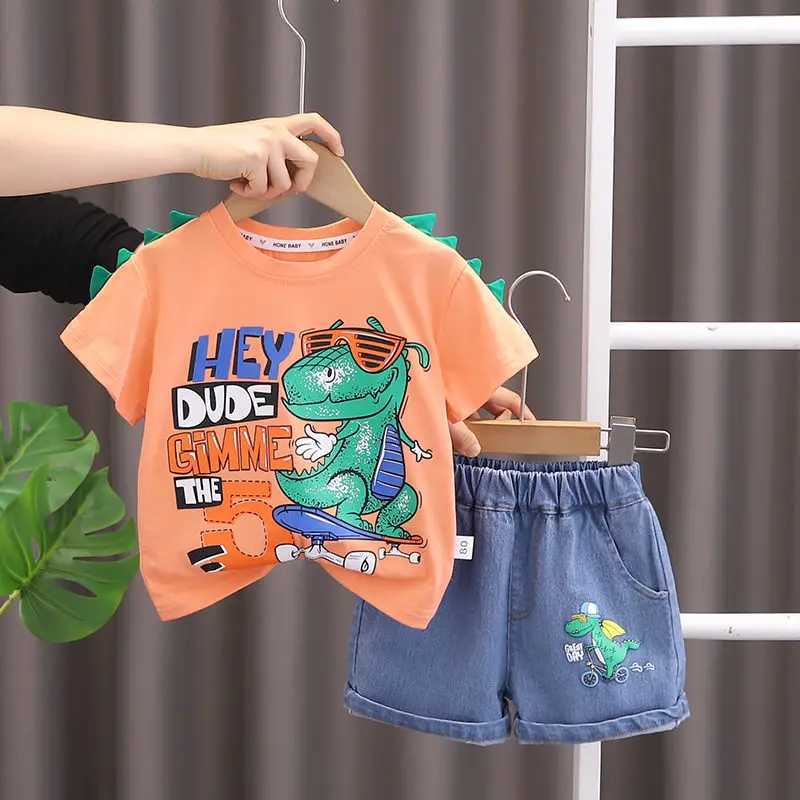 Clothing Sets Summer Children Cotton Clothes Kids Boys Printe Cartoon O-Neck Dinosaur T Shirt Shorts 2Pcs/Set Kids Fashion Toddler 0-5 Years H241214