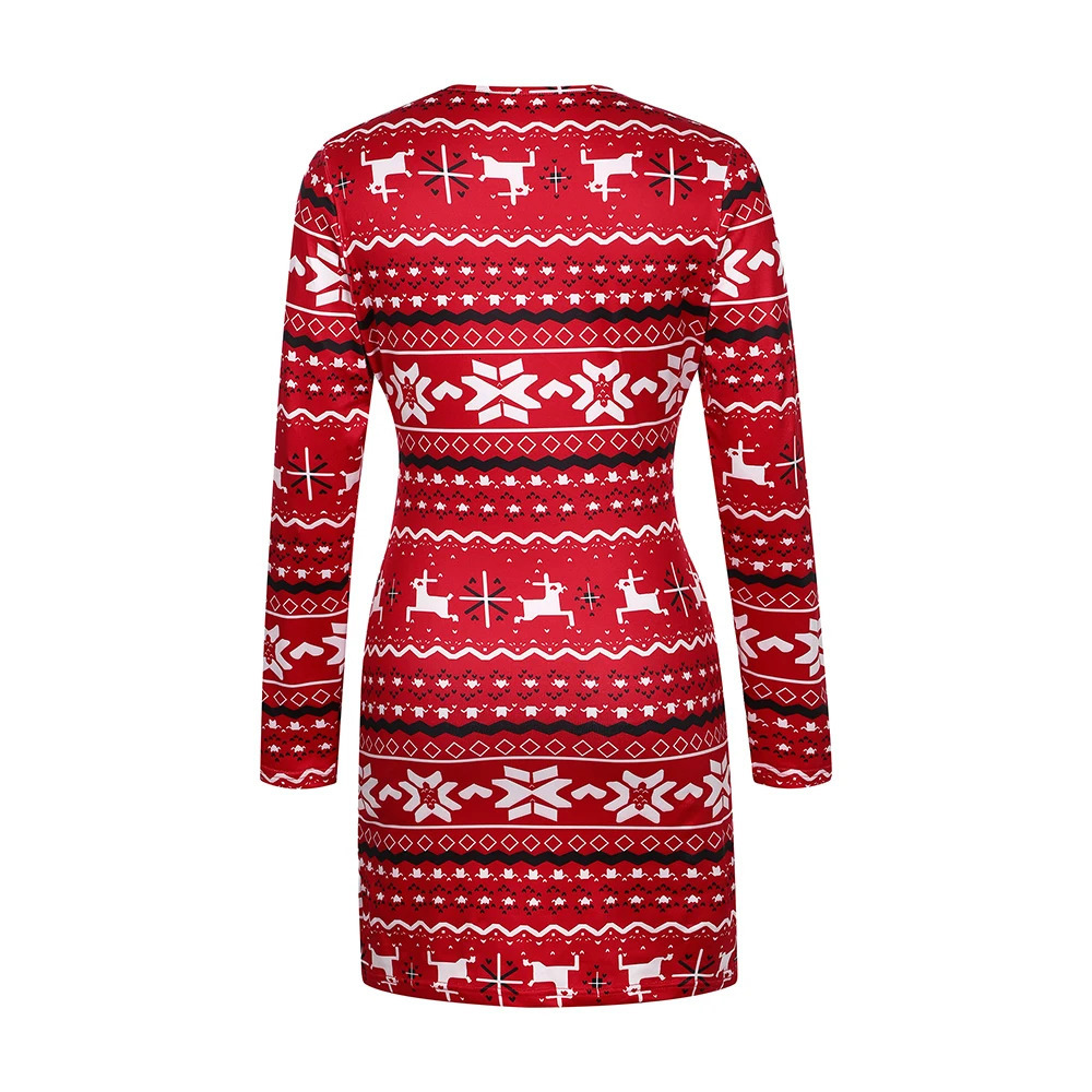 Womens Christmas Bodycon dress ultrathin slim fit snowflake print round neck long sleeved hip wrap Year party outfit 241212