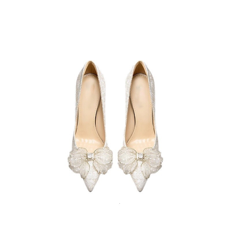 Fat And Widened French Style Wedding Shoes With Pointed Toes, Thin Bow High Heels, Shallow Mouth, Single Shoes, Large Sizes 41 To 44