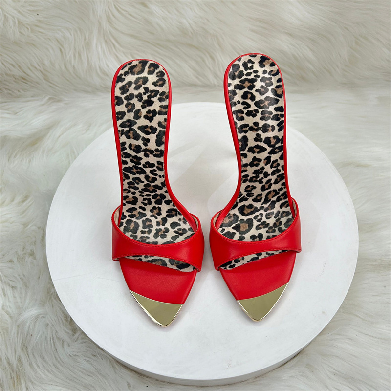High Heeled For Socialites, 12Cm In Length, Pointed Thin Heels A Red Herringbone Pattern. Cool Slippers With Exposed Toes And High-Heeled Sandals