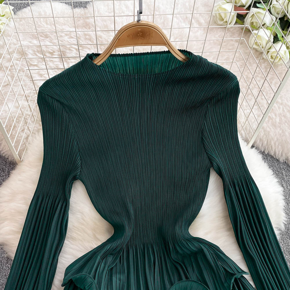 Casual Dresses Elegant Oversized Long Sleeve Pleated Draped Women O-Neck Ruffles High Sretch Party Robe Vestidos Ladies Spring Summer Clothing 2025