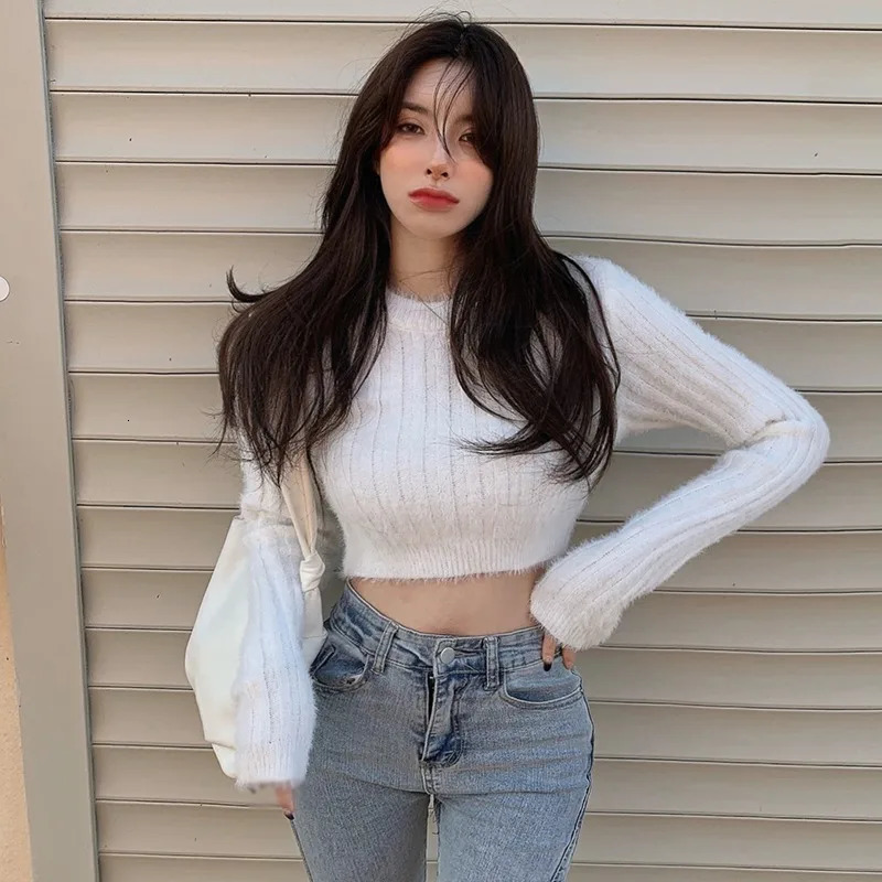 Home>Products>Womens crop tops>Round neck camouflage sweaters>Ultra thin knitted sweaters>Fluffy long sleeved sweaters 241211