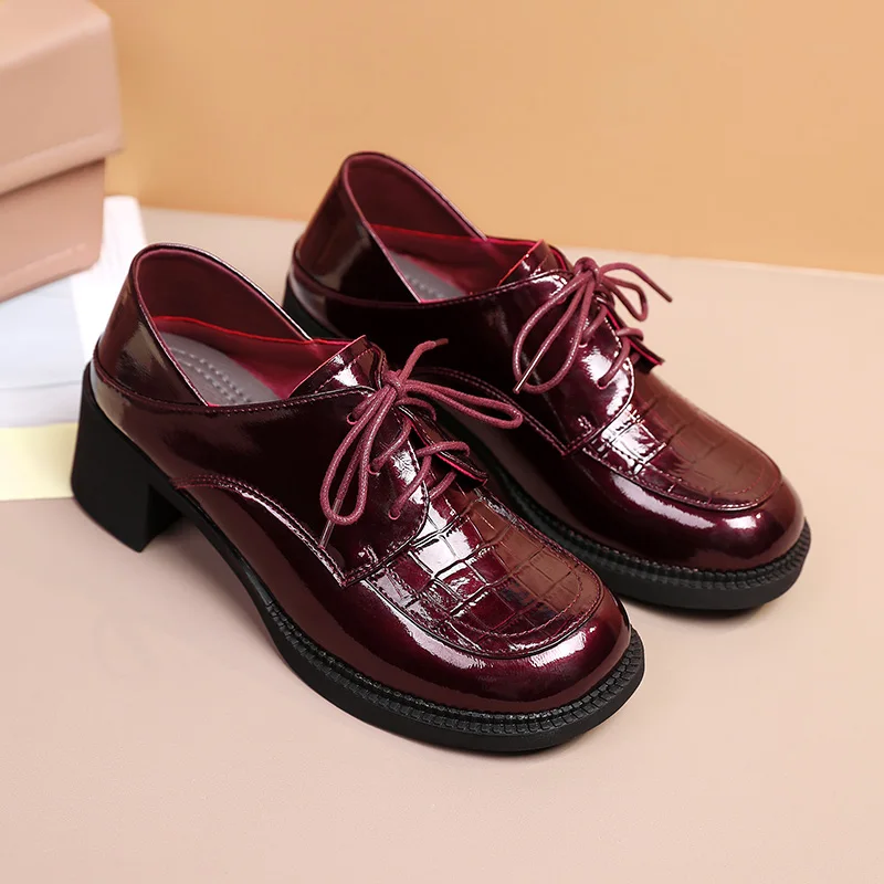 AIYUQI Women Oxford Shoes Genuine Leather Spring Large Size Women Shoes Lace-up Mid-heel Patent Leather Women's Shoes