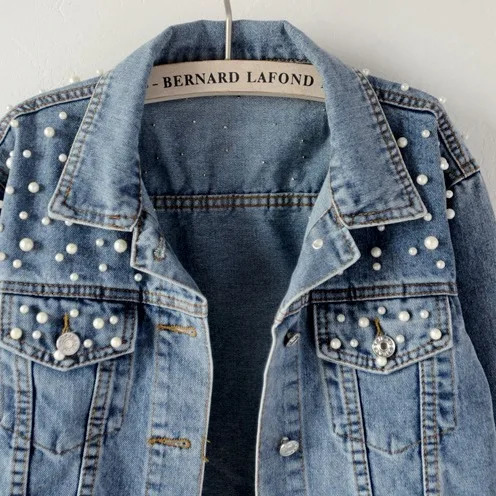 Womens fashionable bead diamond trendy denim jacket loose casual long sleeved lapel patch work Y2k 241211