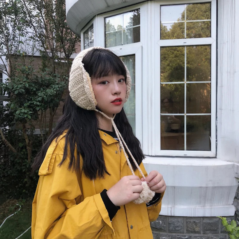 Ins Cute Tidal Knit Ear Bag Soft sisters with Earmuffs Autumn and Winter Earmuffs Warm and Velvet Earmuffs Women Retro 241211