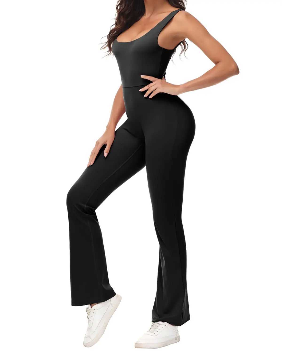 Yoga Outfit Womens Workout Flare Jumpsuit Backless Yoga Romper Scrunch Butt One Piece Bodysuit Leggings Open Back Gym Bodycorn H241214