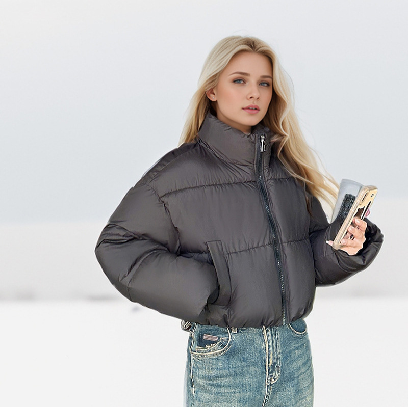 Women's Winter Puffer Stand-Up Collar Cropped Quilted Jacket Splashproof Water Windproof Down Cotton Coat