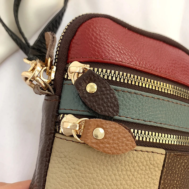 100% genuine leather womens shoulder bag with multiple zippers soft denim small phone bag color splicing color random 241213